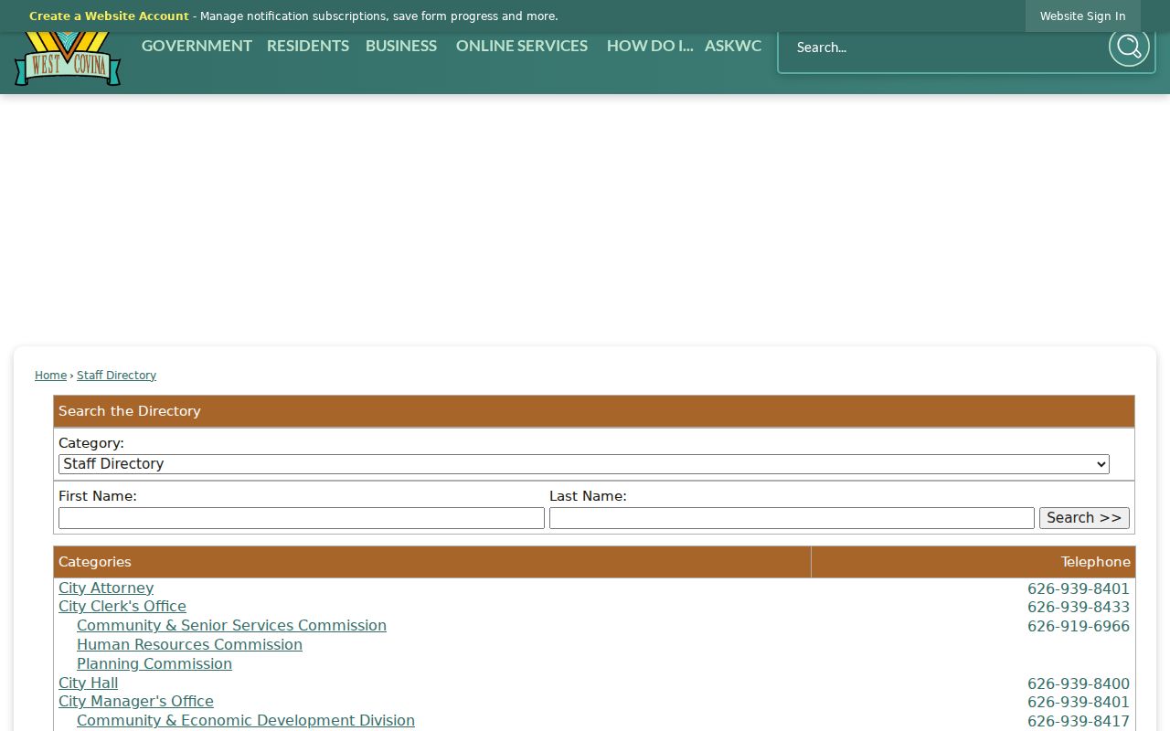 West Covina people directories city staff search