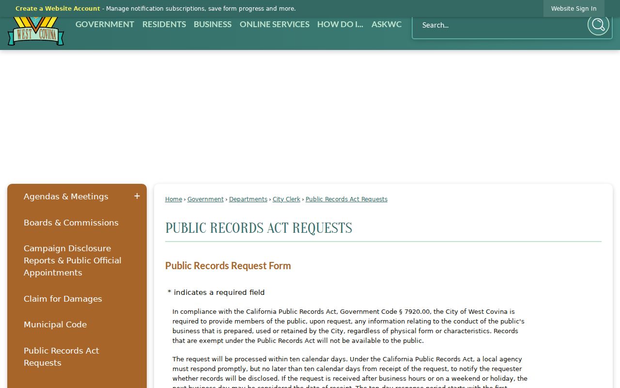 West Covina public records request form and department fields