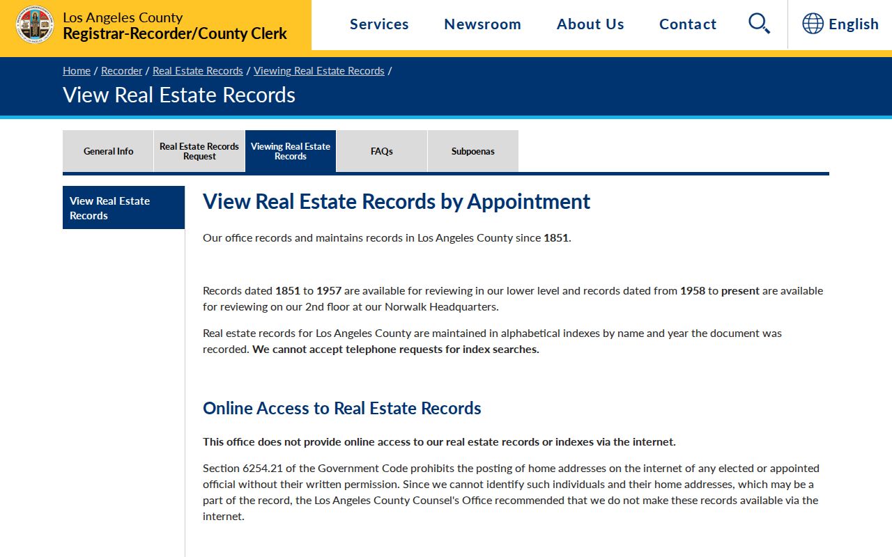 West Covina public records access page for Los Angeles County real estate records