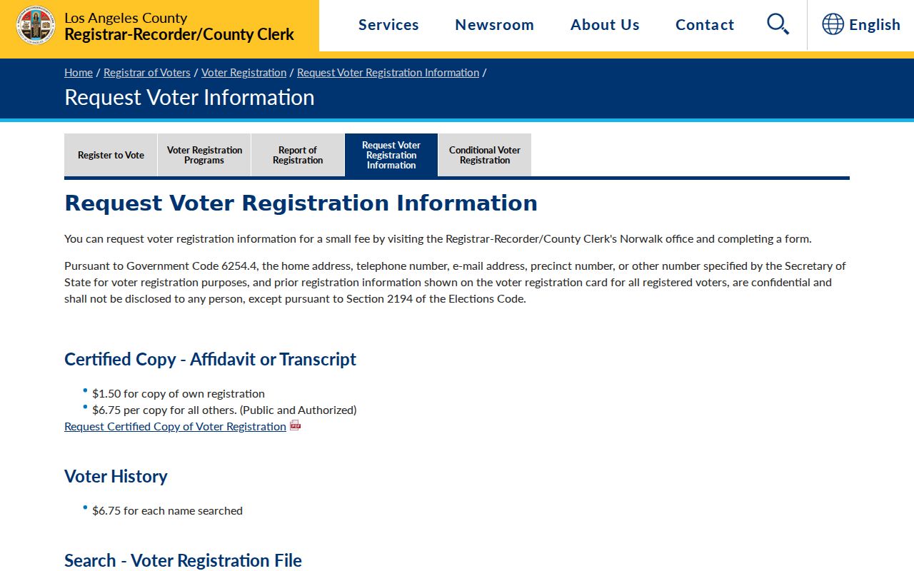West Covina voter records request page from Los Angeles County